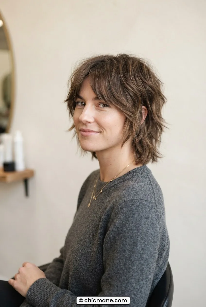Woman with modern shaggy crop cut and curtain bangs showing layered texture and movement against cream background