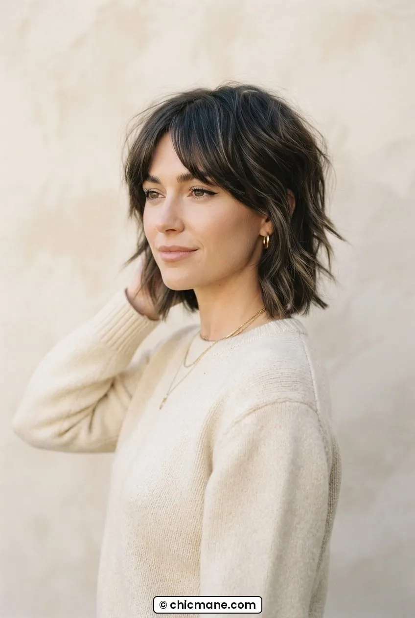 Woman with shaggy crop and curtain fringe parted in the middle showing layered movement in warm diffused light