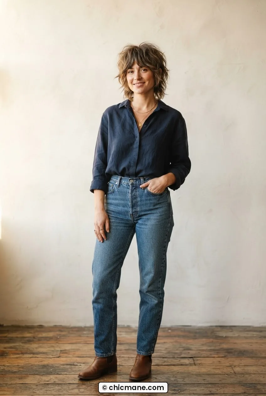 Woman with shaggy cropped haircut featuring curtain fringe and choppy layers at upper ear length