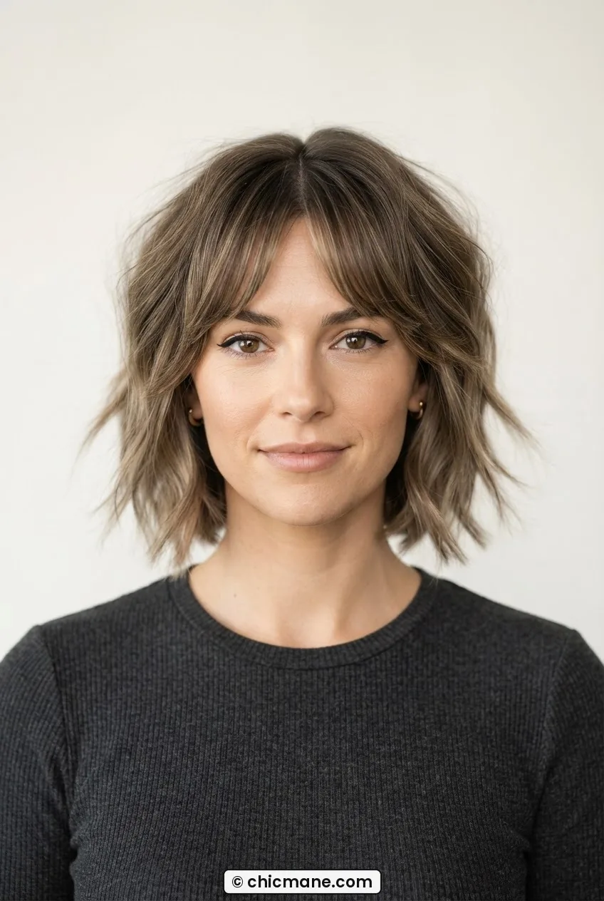 Woman with shaggy jaw-length bob featuring curtain bangs and soft textured layers in front-facing symmetrical beauty portrait