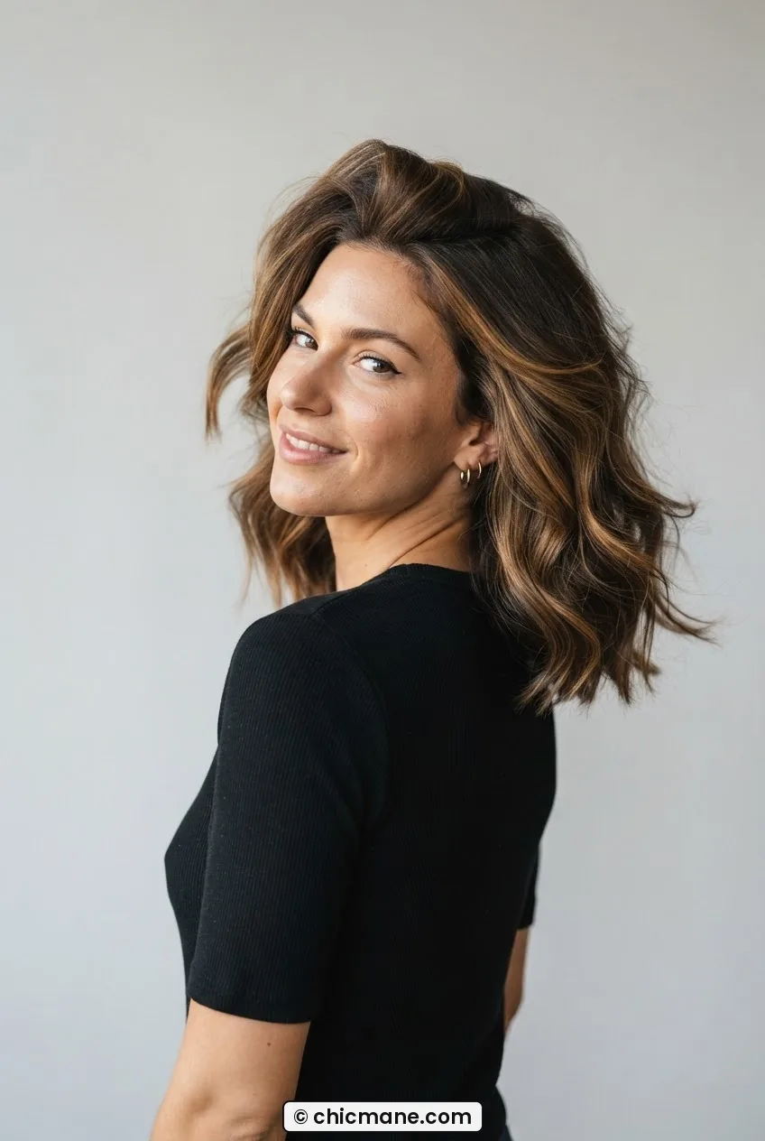 Woman with medium-length hair in effortless shake-out showing lifted roots and softly separated ends in warm side light