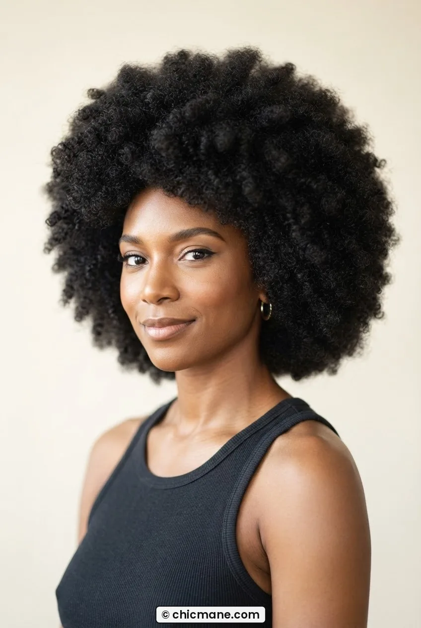 Woman with full shaped afro on 4C coils with symmetrical round perimeter in soft ivory studio light