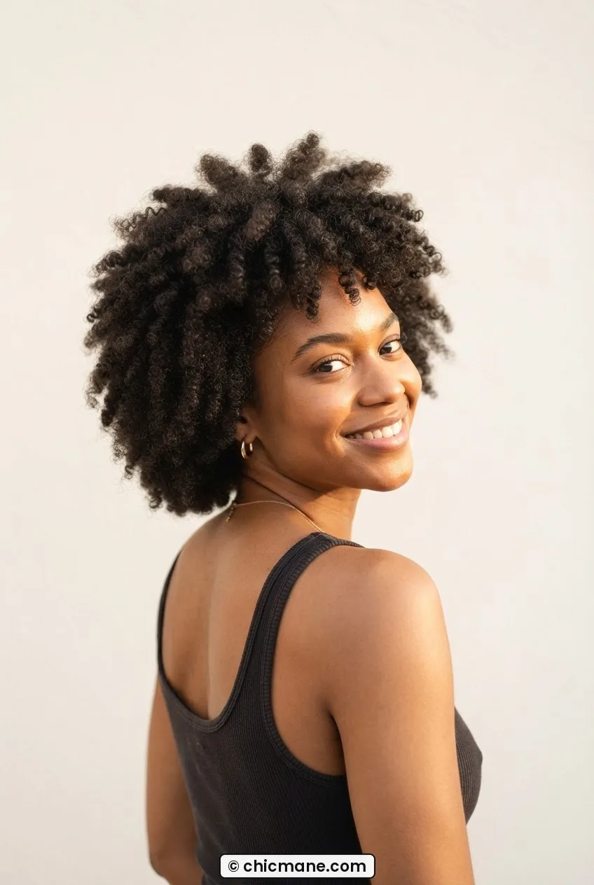 Woman with shaped 4A TWA natural afro, rounded crown silhouette highlighted by soft warm directional light