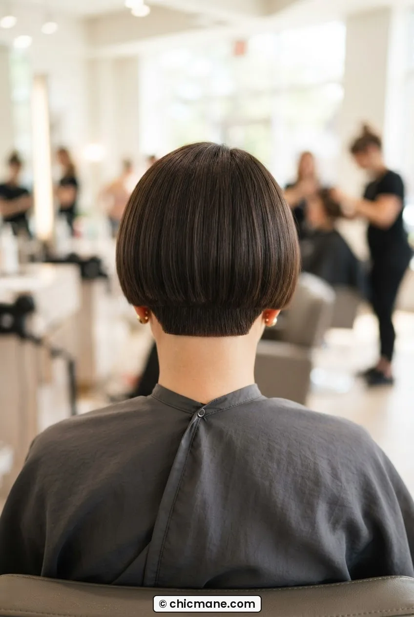 Back view of woman in salon showing the sharp blunt horizontal line of a completed short bob across the nape