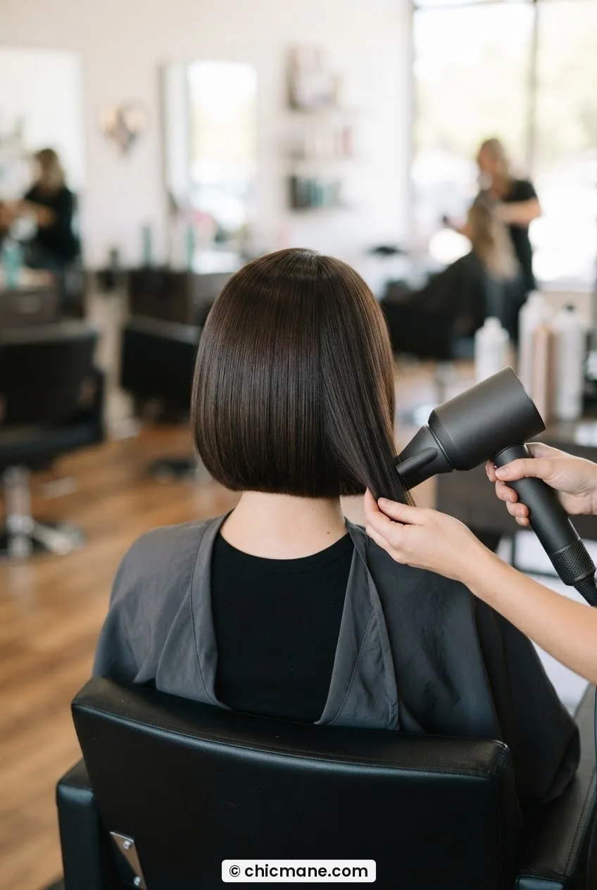 Back view of woman in salon holding blow dryer on cool setting downward over completed short bob hairstyle