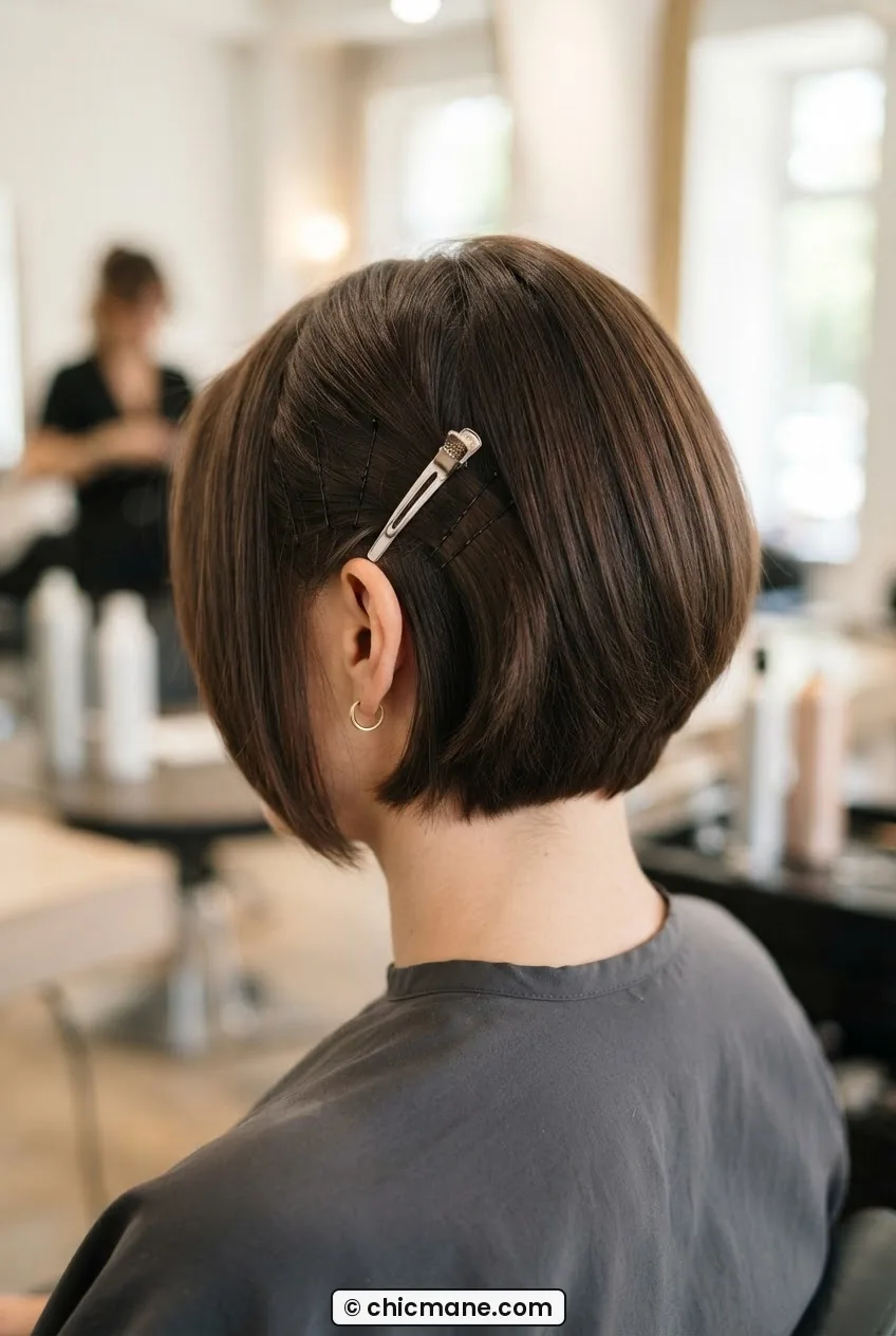Back and side view of short bob with duckbill clips and mini bobby pins anchoring sections near the ear, bright salon