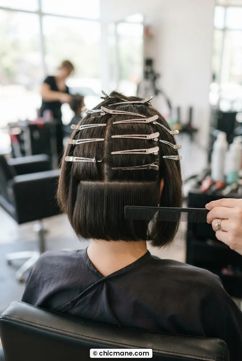 Back view of short bob sectioned into small horizontal panels with duckbill clips visible, bright salon lighting