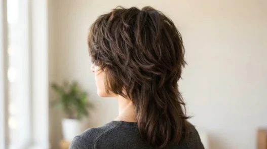 Back three quarter view of woman with thick hair in short chin-grazing layers with longer underlayers visible in soft natural light