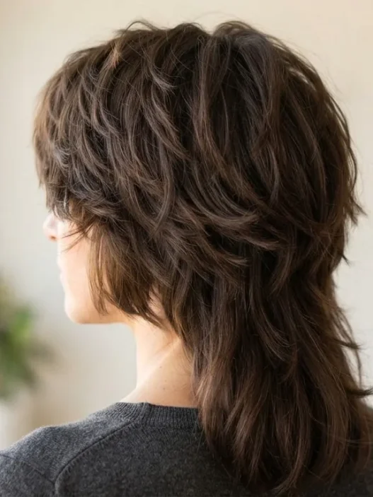 Back three quarter view of woman with thick hair in short chin-grazing layers with longer underlayers visible in soft natural light