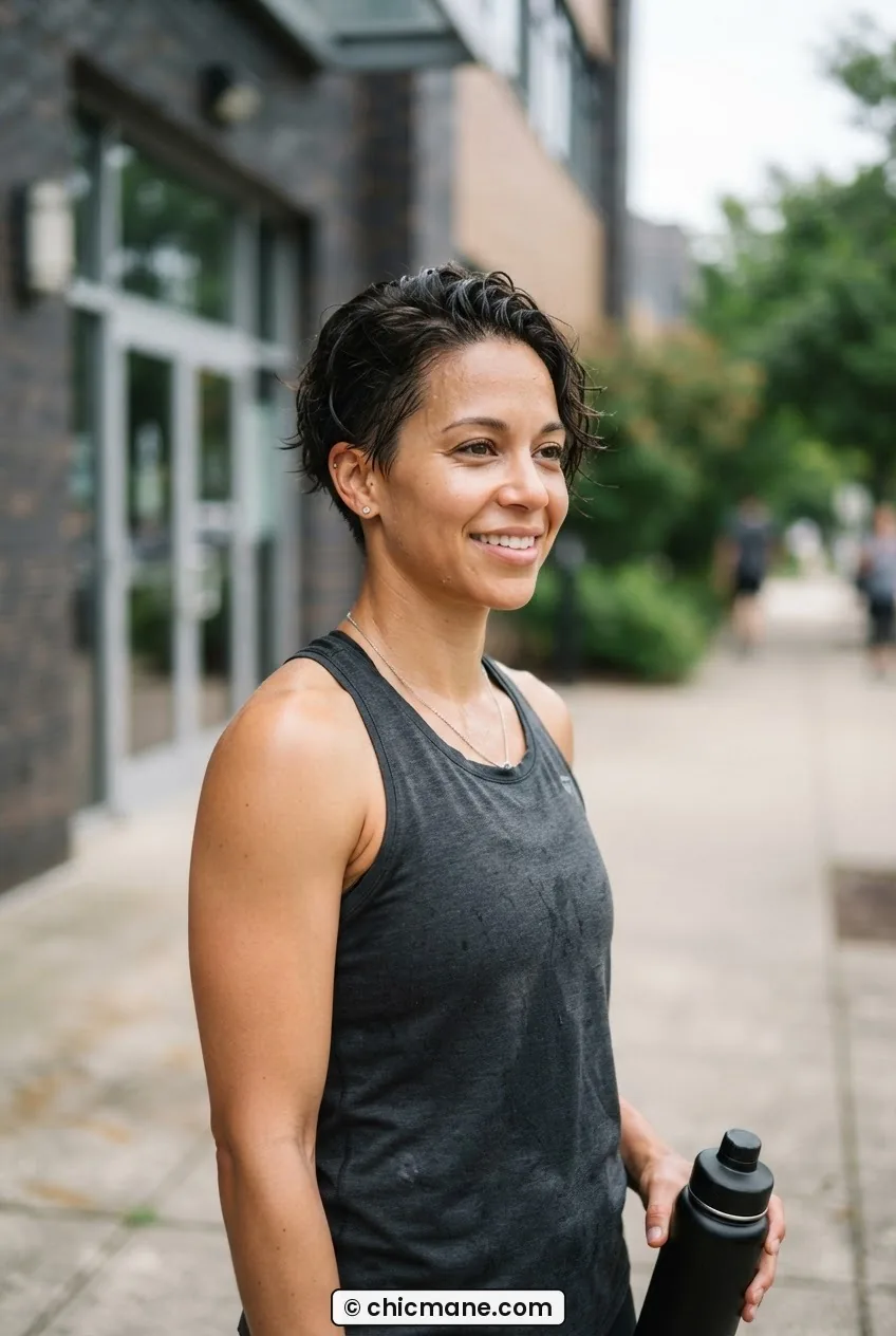 Woman with short damp textured hair pushed back standing outside gym in bright diffused daylight