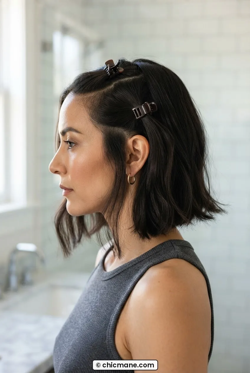 Woman with chin-length hair divided into three sections using small jaw clips in a bright home bathroom