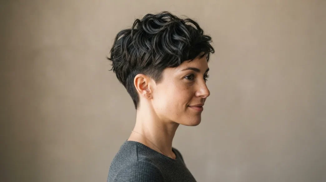 Woman with short textured pixie cut against neutral backdrop with soft directional light highlighting crown volume and tapered sides