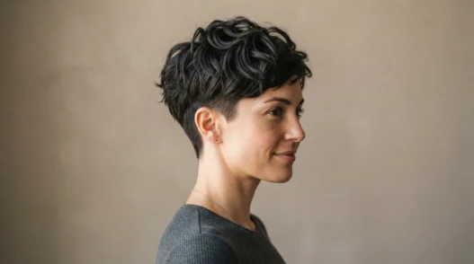 Woman with short textured pixie cut against neutral backdrop with soft directional light highlighting crown volume and tapered sides