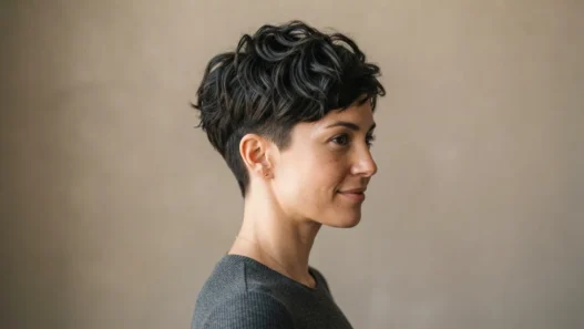 Woman with short textured pixie cut against neutral backdrop with soft directional light highlighting crown volume and tapered sides