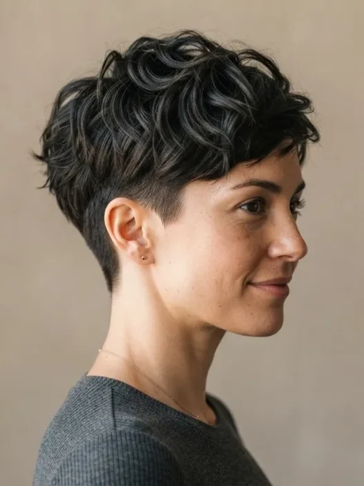 Woman with short textured pixie cut against neutral backdrop with soft directional light highlighting crown volume and tapered sides