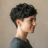 Woman with short textured pixie cut against neutral backdrop with soft directional light highlighting crown volume and tapered sides
