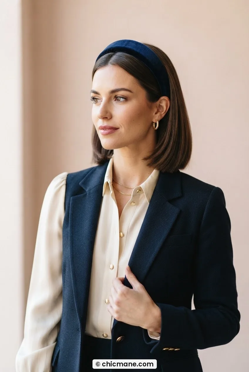 Woman with shoulder-length bob wearing thick velvet headband pushed back from hairline in elegant blush-toned light