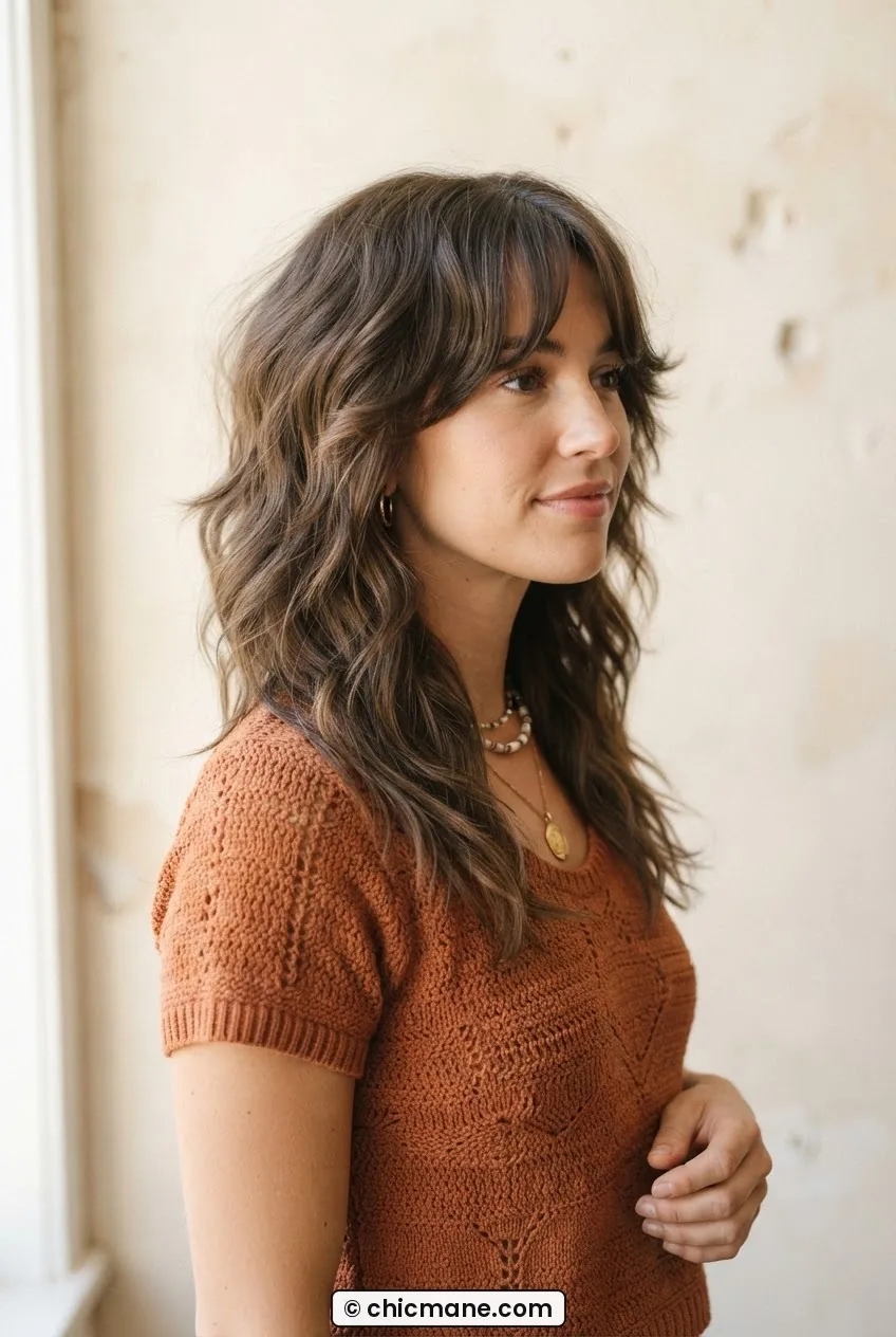 Woman with shoulder-length shag and curtain bangs styled wavy showing layered movement and center-parted fringe