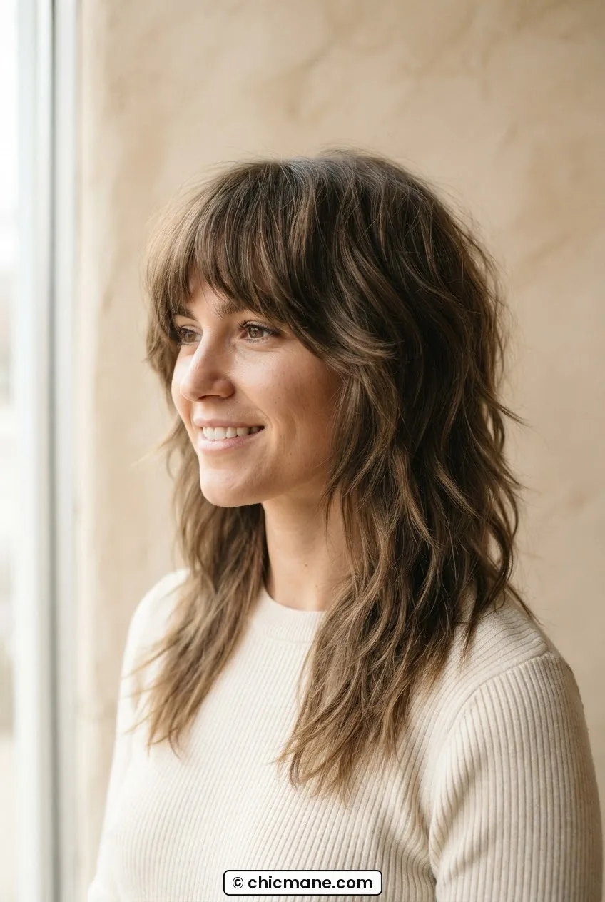 Woman with shoulder-length wolf cut showing heavy curtain bangs and shaggy layered silhouette in warm diffused side light