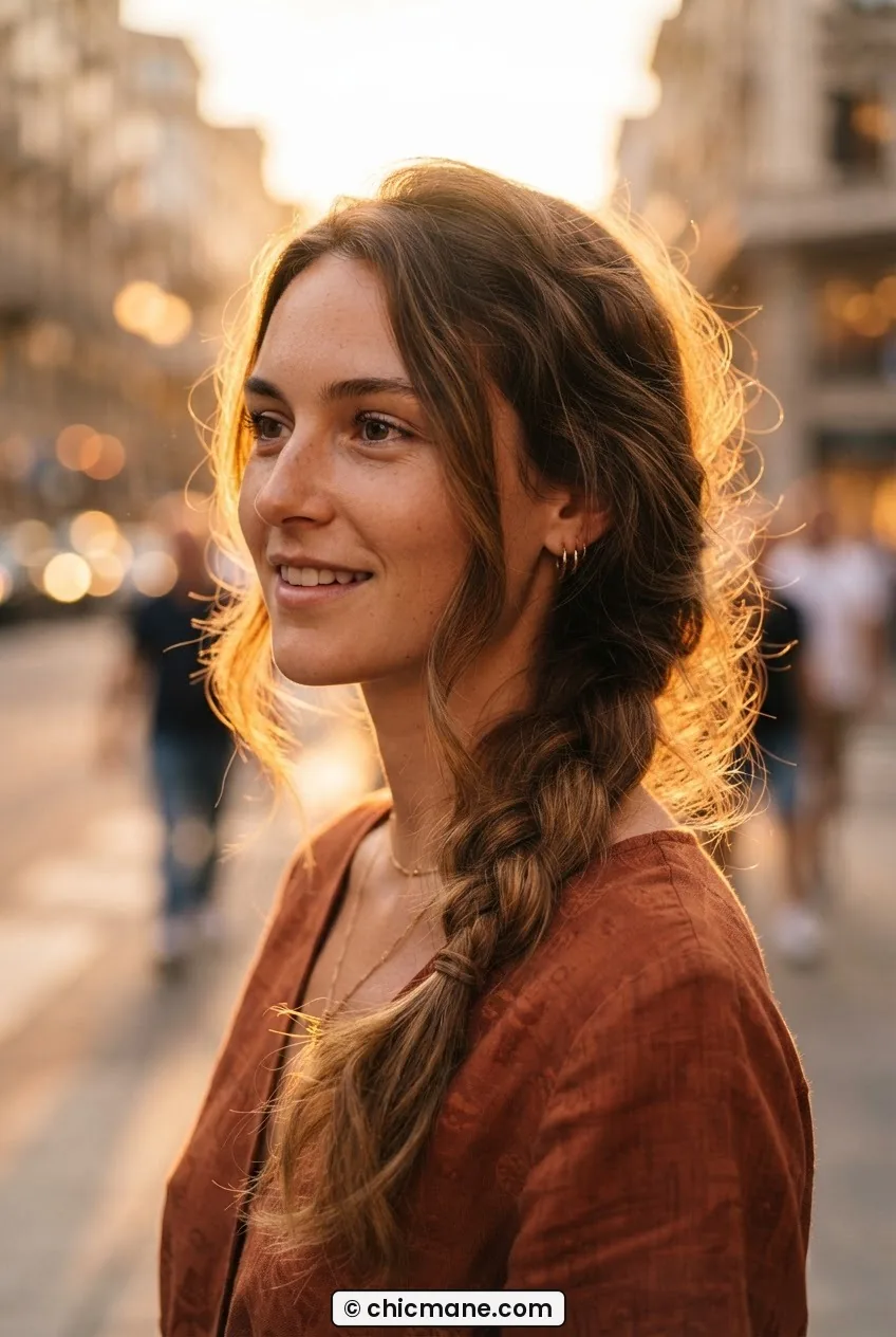 Woman wearing a loose side braid swept forward with individual strands catching warm sunlight from behind