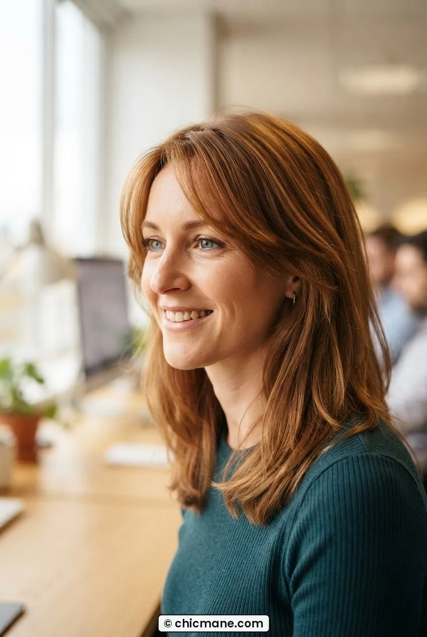 Woman with auburn side-parted layers falling loose at the cheekbones in a professional office setting
