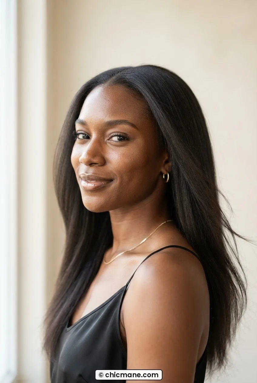 Woman with pressed 4C natural hair in a straight silk press blowout hanging past shoulders against warm ivory backdrop