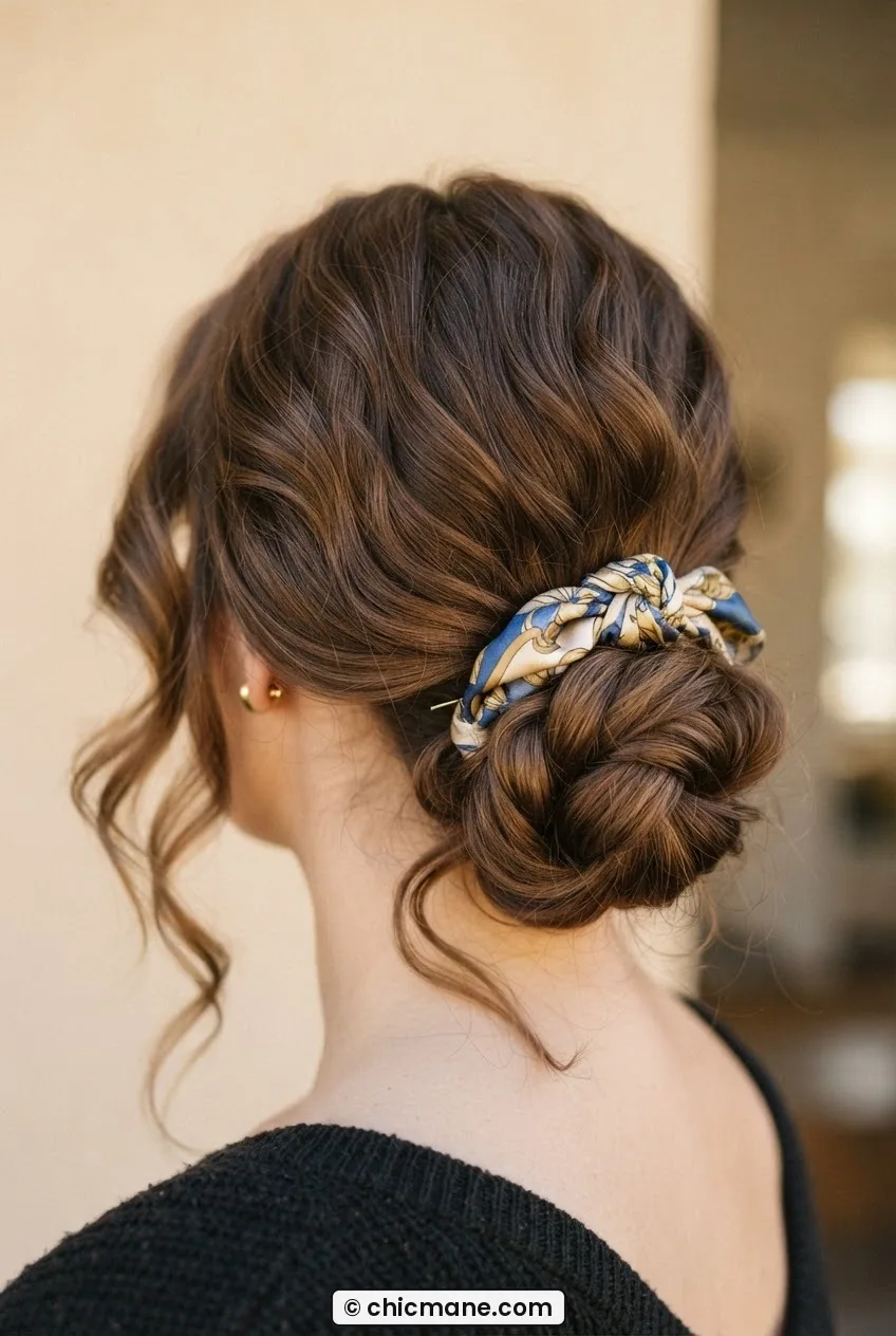Woman wearing silk-wrapped hair tie in low chignon with loose nape tendrils, warm indoor light and beige wall