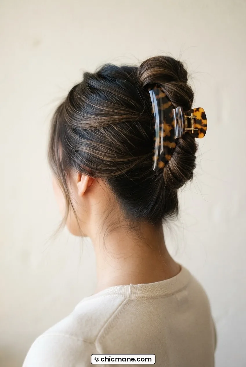 Woman with sleek acetate claw clip in polished high updo with flyaways, bright indoor light and off-white wall