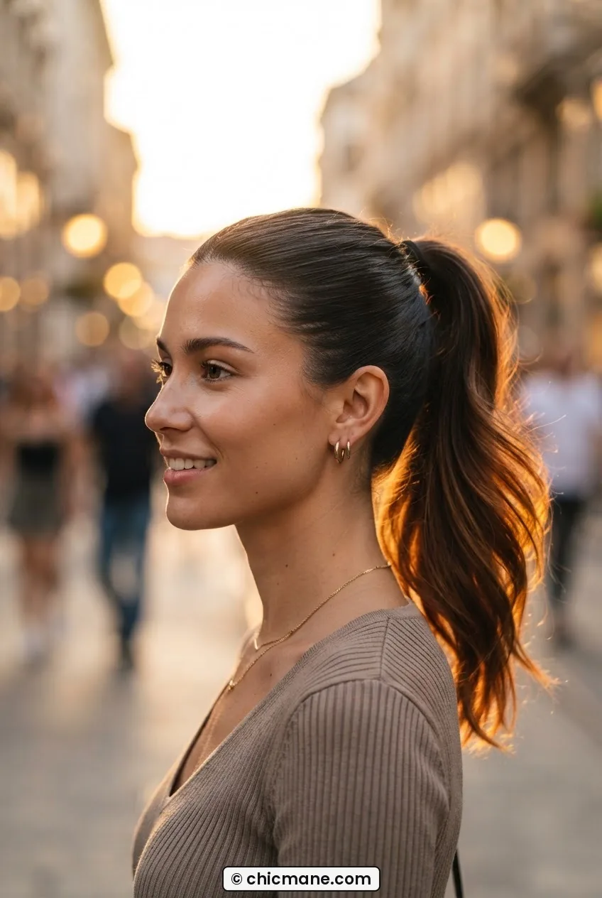 Woman with a sleek high ponytail, roots smooth and ends loose, bathed in soft golden evening light