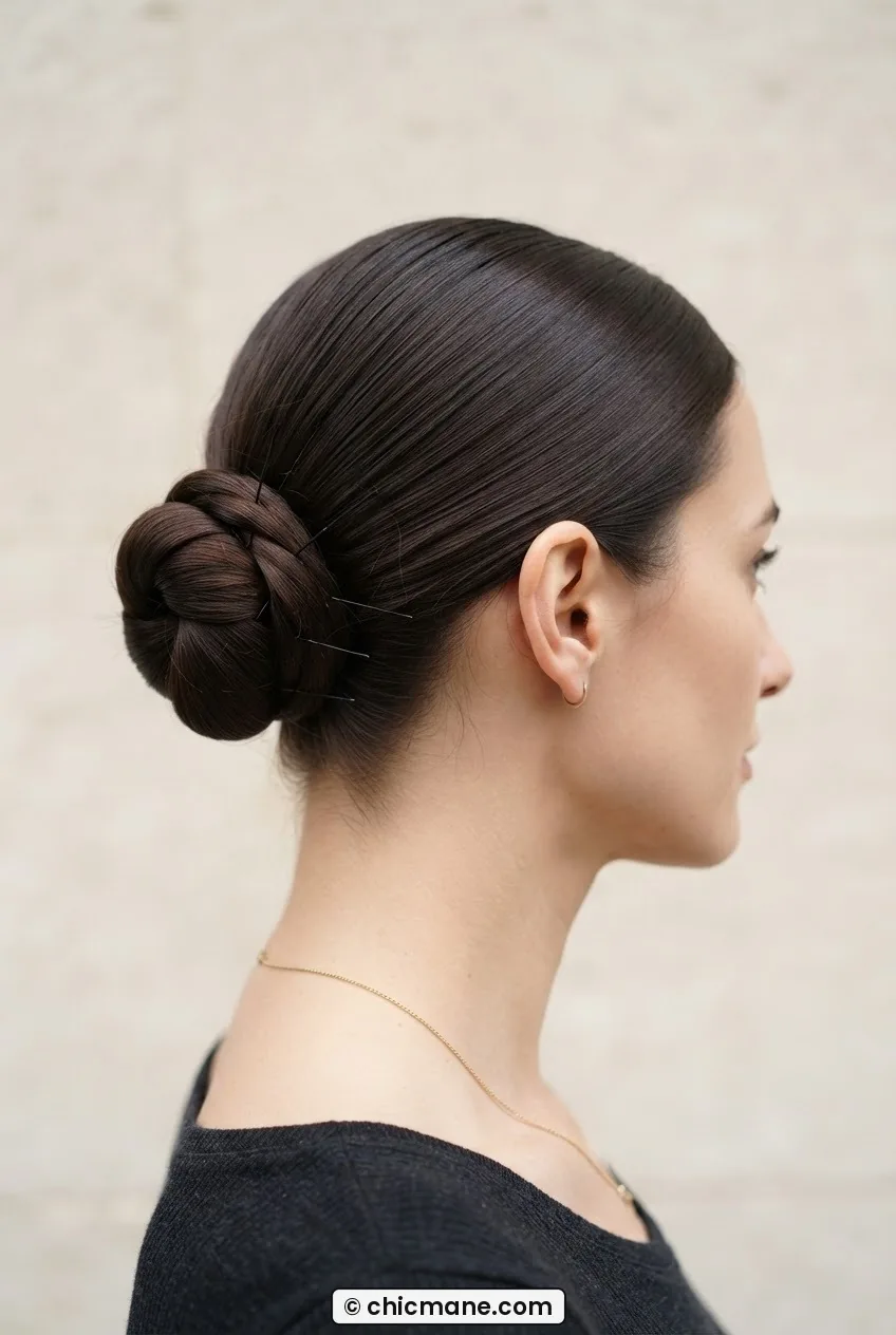 Woman wearing a perfectly sleek knotted bun at mid-occipital height with sculptural smooth silhouette and no flyaways
