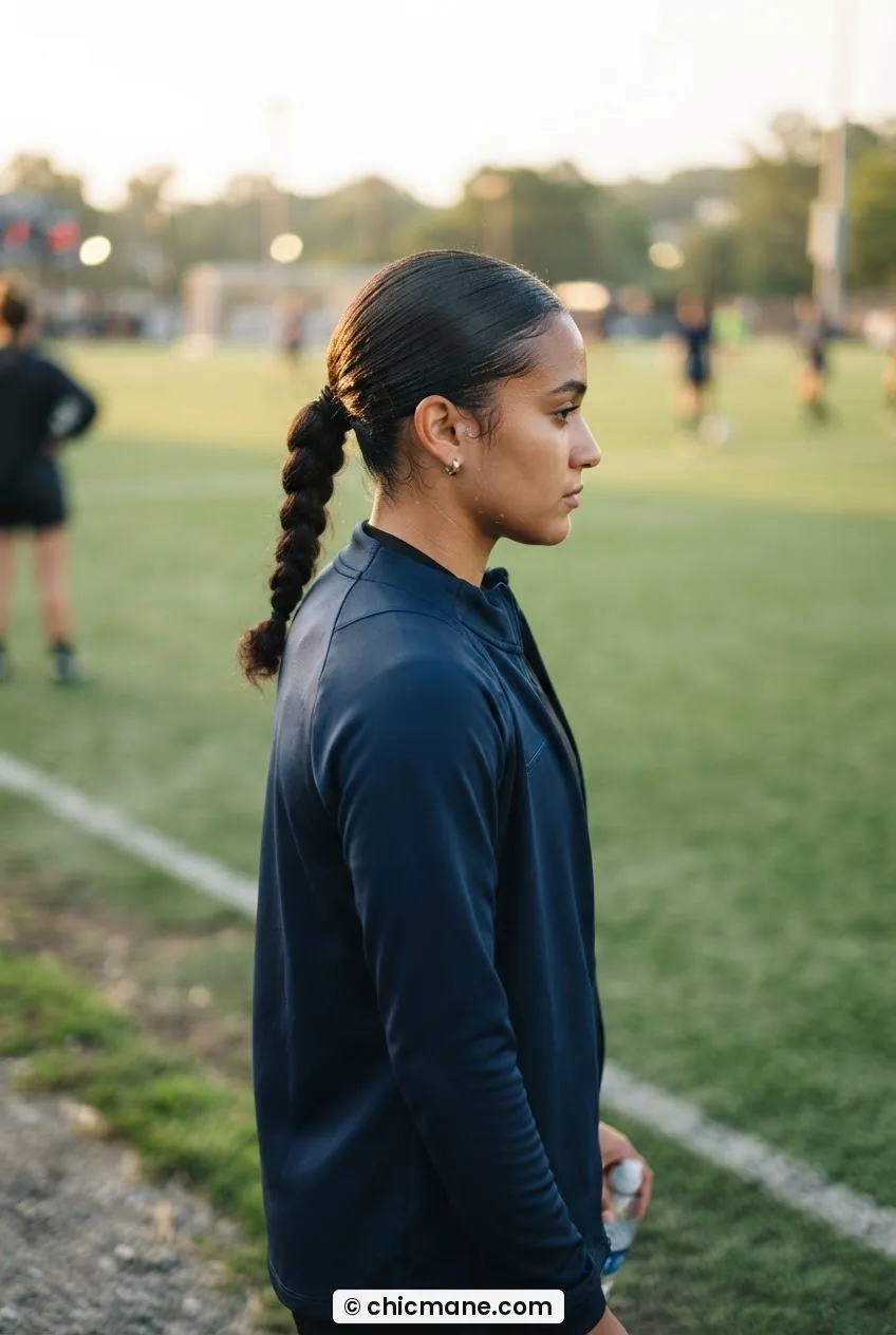 Woman with sleek low braid at nape on sports field sideline in late afternoon light