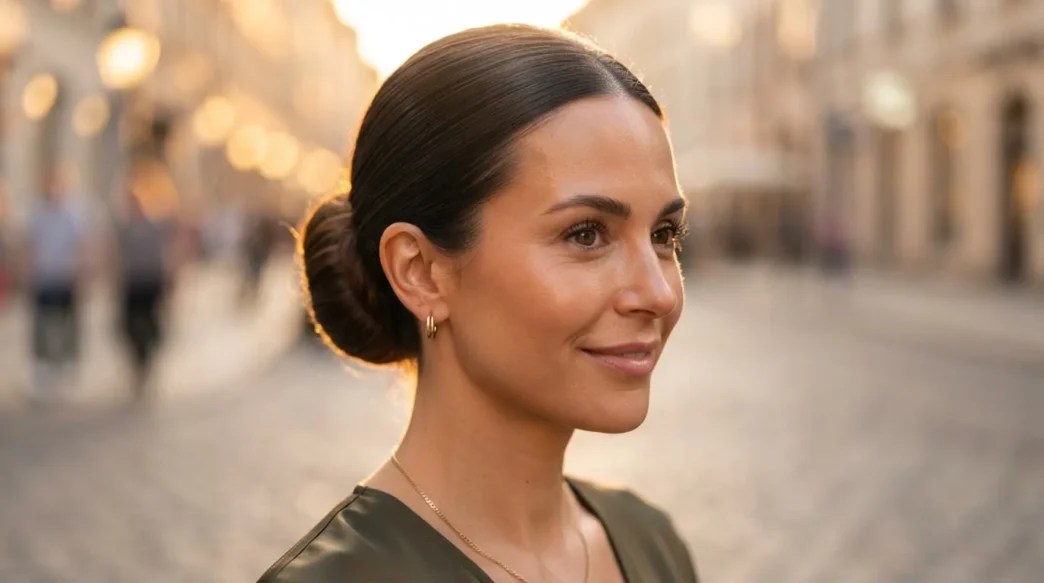 Woman with a smooth sleek low bun hairstyle shot at golden hour with warm rim light on each strand