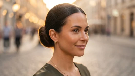 Woman with a smooth sleek low bun hairstyle shot at golden hour with warm rim light on each strand