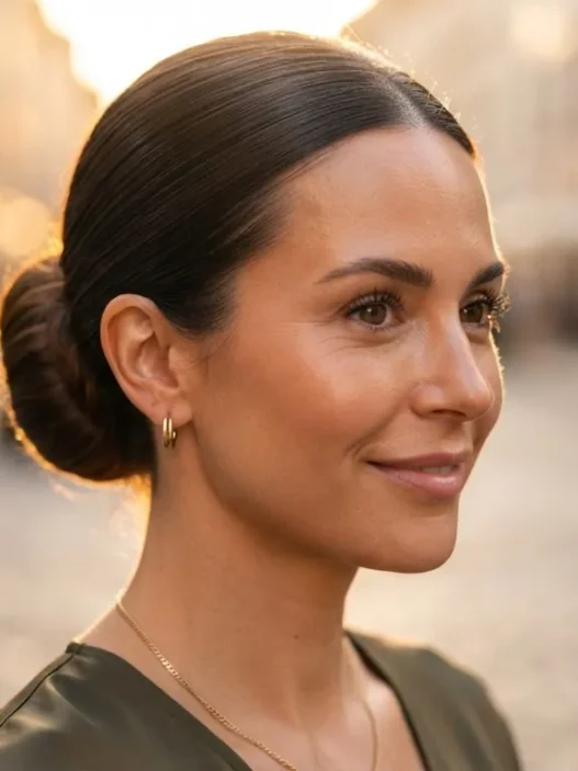 Woman with a smooth sleek low bun hairstyle shot at golden hour with warm rim light on each strand