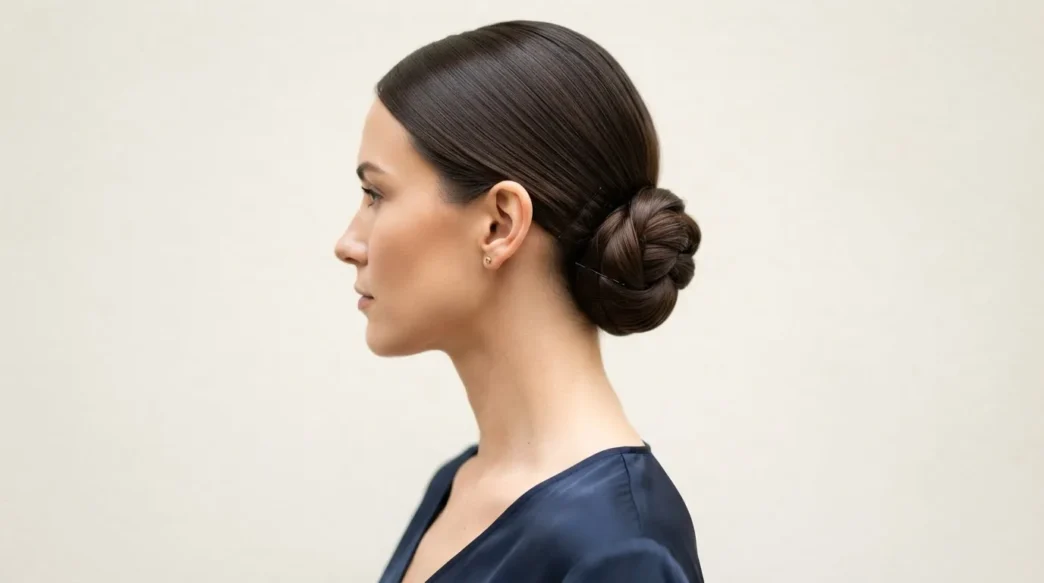 Woman wearing a smooth low nape chignon in side profile against a pale cream backdrop with soft even lighting