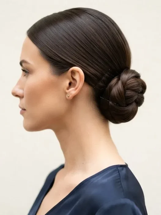 Woman wearing a smooth low nape chignon in side profile against a pale cream backdrop with soft even lighting