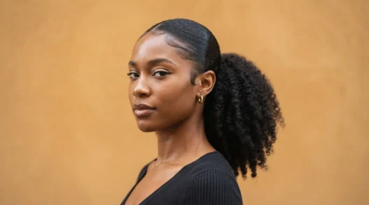 Woman with tightly coiled 4C natural hair in a high sleek ponytail with laid edges against a warm amber backdrop