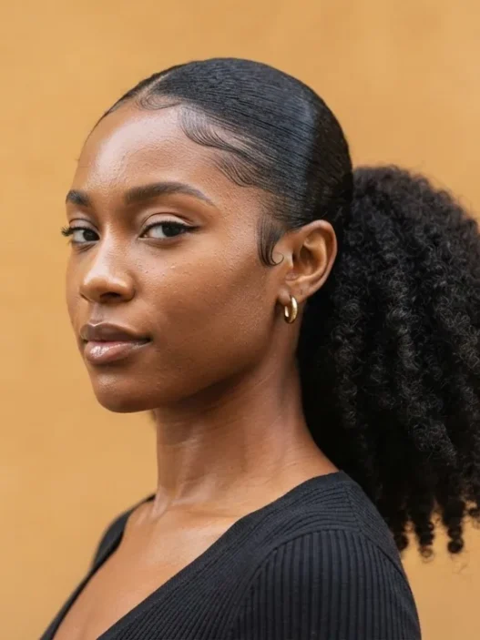 Woman with tightly coiled 4C natural hair in a high sleek ponytail with laid edges against a warm amber backdrop