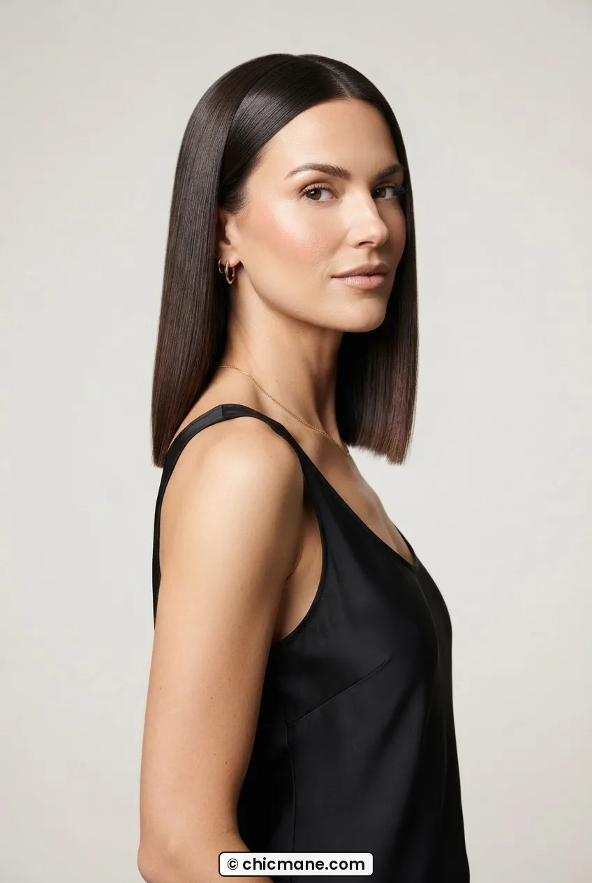 Woman with sleek straight collarbone lob without bangs showing flat-ironed surface and blunt ends in sharp studio light