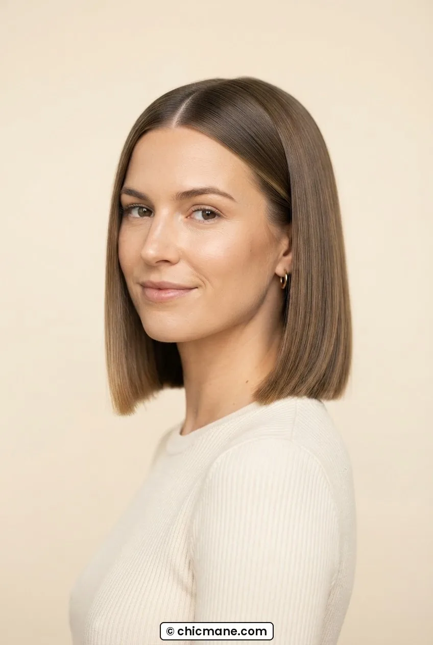 Woman with sleek straight jaw-length lob and center part showing smooth symmetrical silhouette in even light