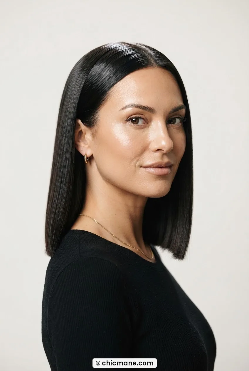Woman with sleek straight blunt cut just past shoulder with mirror-shine finish under sharp overhead directional light