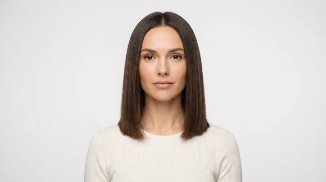 Woman with soft blunt collarbone-length haircut facing front under even studio lighting against white backdrop
