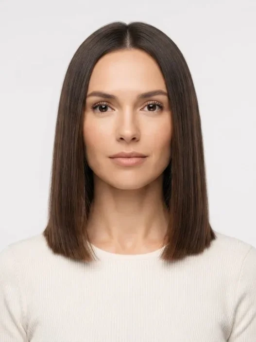 Woman with soft blunt collarbone-length haircut facing front under even studio lighting against white backdrop