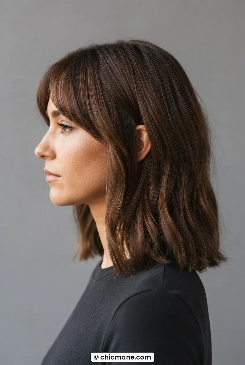 Woman with soft curtain fringe and shoulder-length chocolate brown hair, fringe parted at centre at cheekbone level
