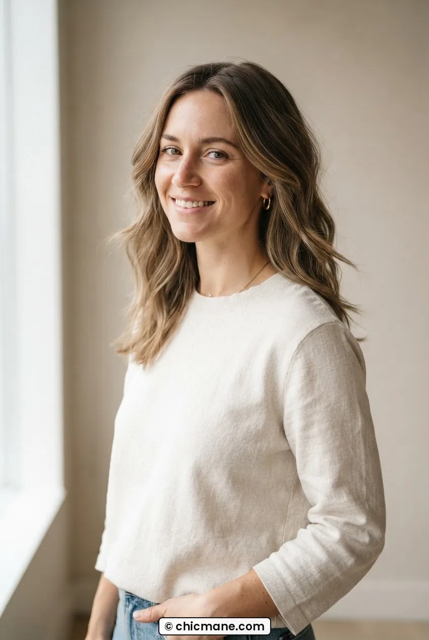 Woman with soft blended shoulder-length layers air-dried with natural wave texture in gentle natural light