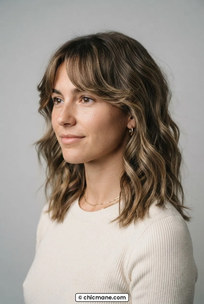 Woman with a soft lob hairstyle on 2A loose waves with curtain face-framing pieces in neutral studio light