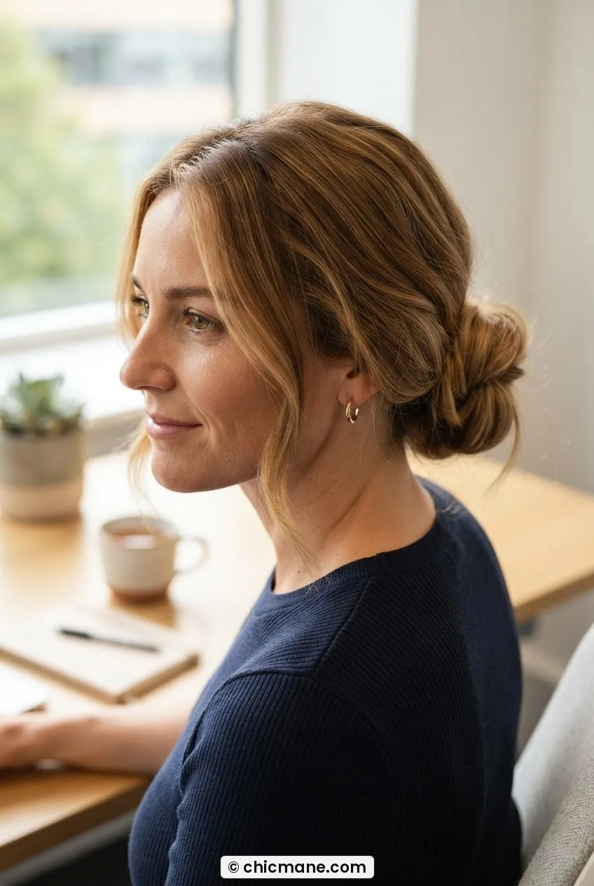 Woman with soft off-centre low bun and loose face-framing strands in warm honey-brown hair at an office desk