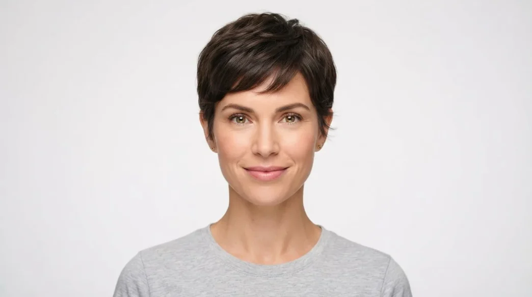 Woman with soft textured pixie cut showing piecey layers and tapered nape against white backdrop in beauty catalogue framing