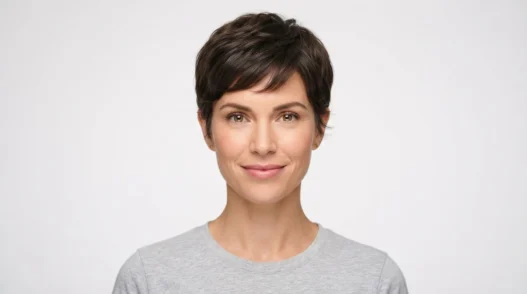 Woman with soft textured pixie cut showing piecey layers and tapered nape against white backdrop in beauty catalogue framing