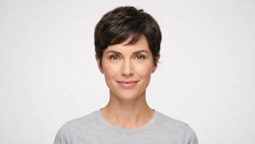 Woman with soft textured pixie cut showing piecey layers and tapered nape against white backdrop in beauty catalogue framing